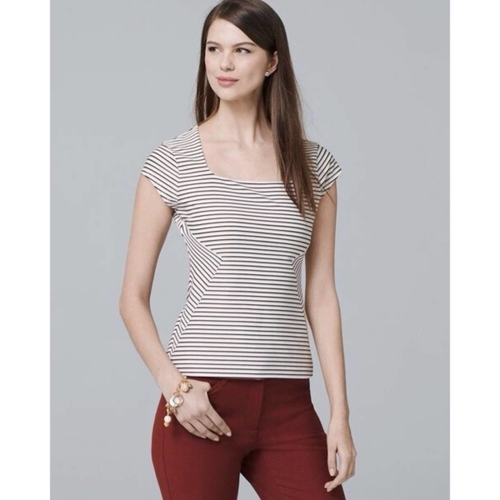 White House Black Market White + Tan + Black Stripe Jacquard Bodice Top - Size 8